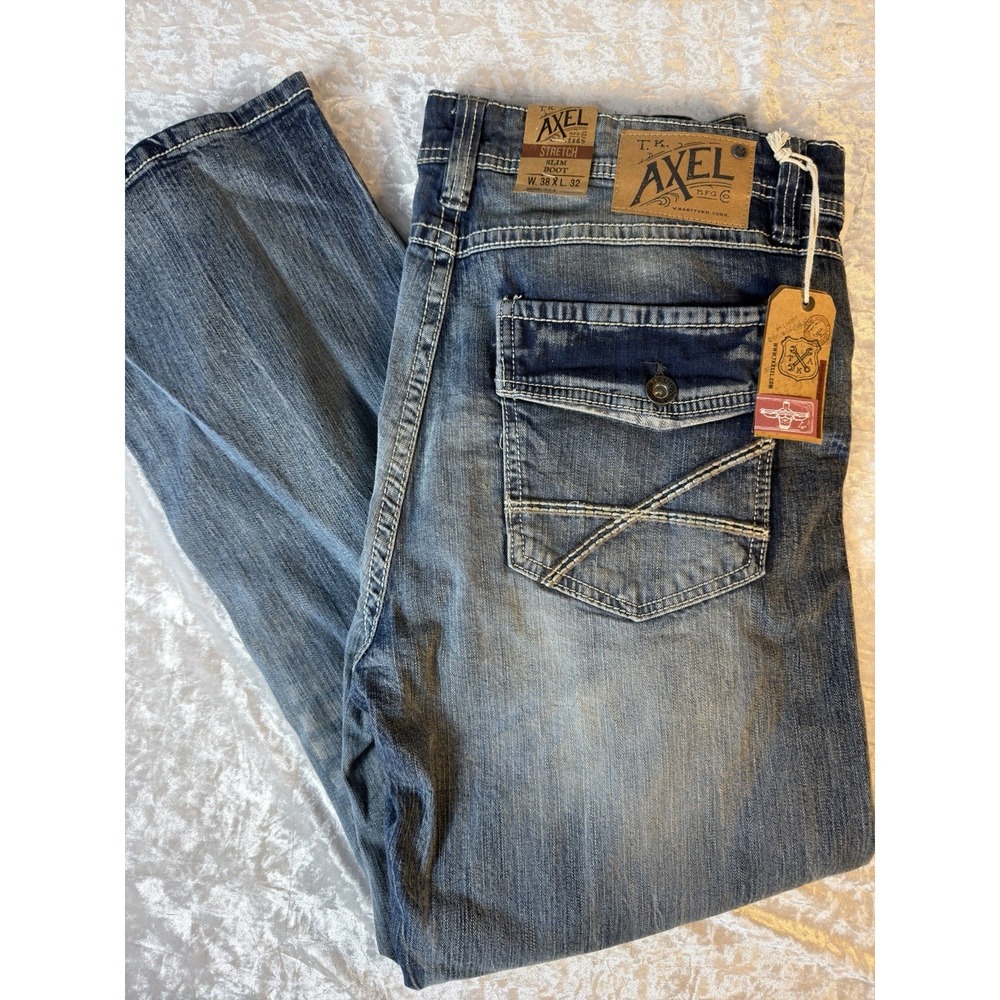 TK Axel Slim Boot Jeans Mens 38x32 Stretch Medium Wash Distressed Denim
